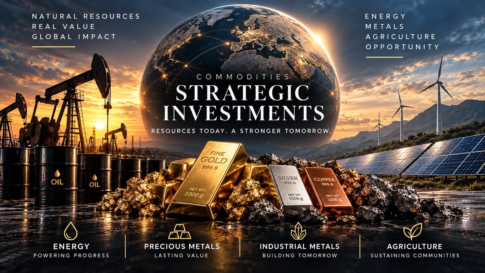 Commodities, strategic investments: energy, precious metals, industrial metals and agriculture