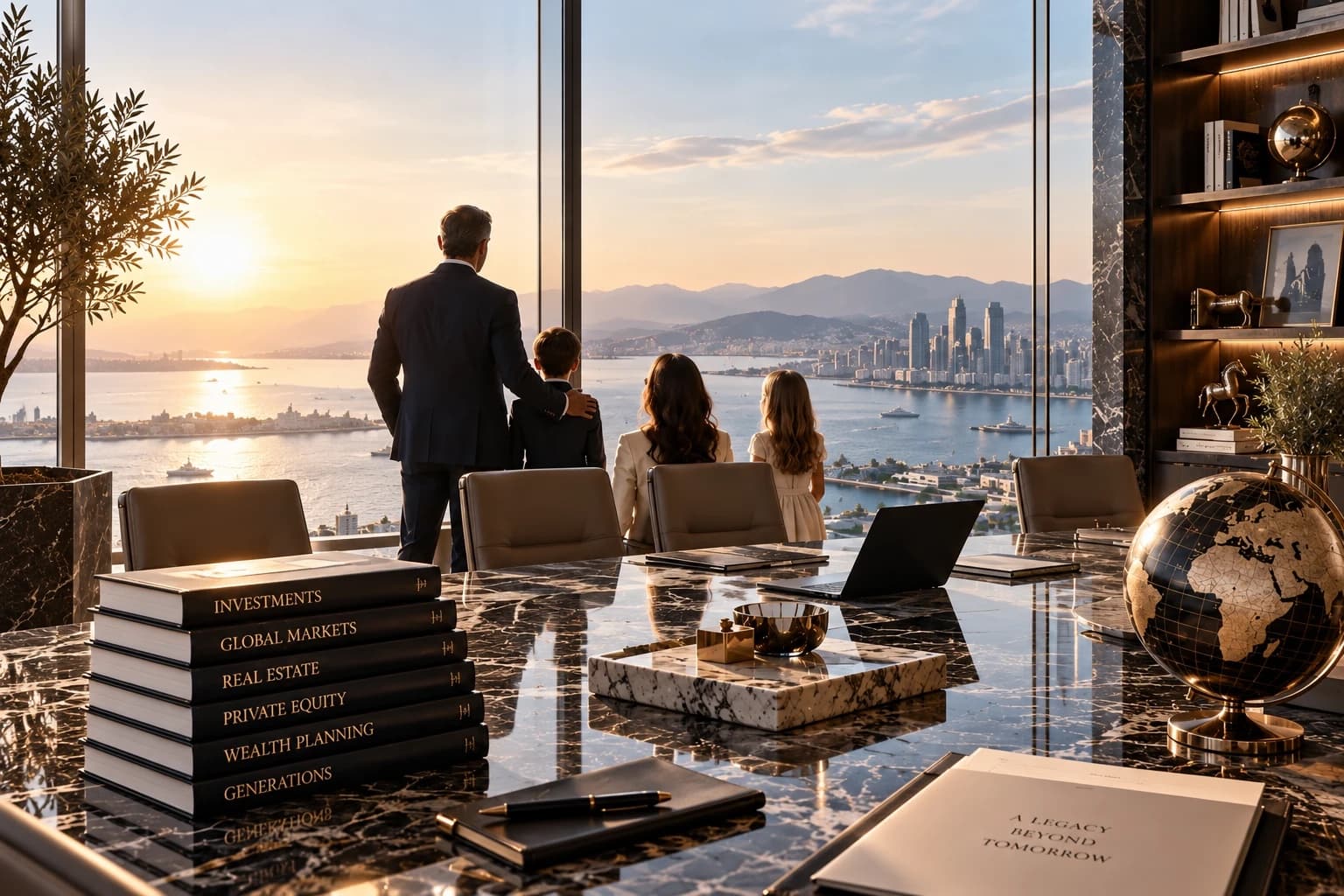 A family looking out over the bay at sunset from a private office