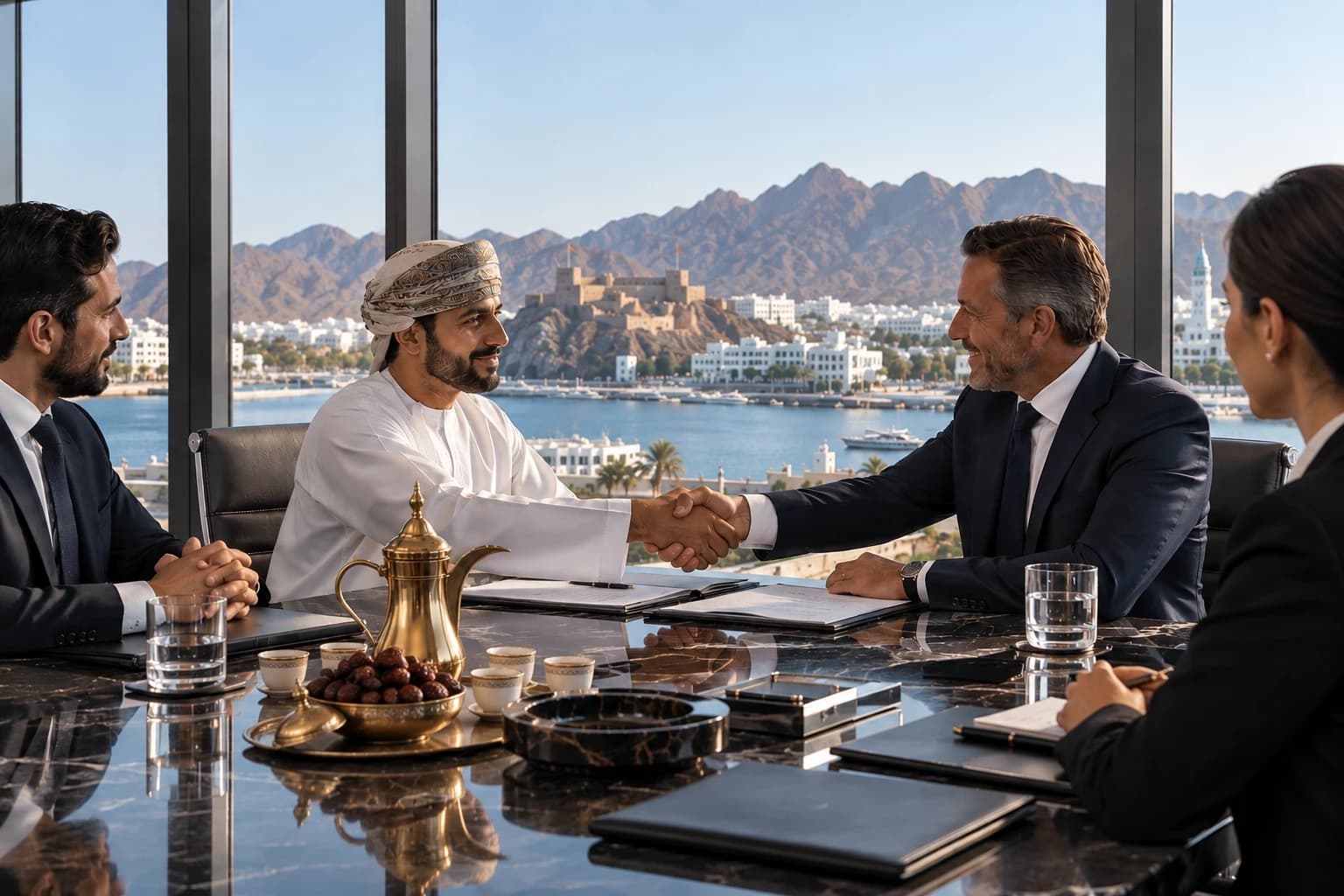 An Asasika Group meeting in a Muscat office overlooking the harbour and Mutrah Fort
