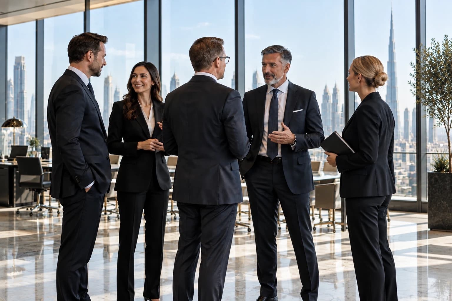 The Asasika Group team in conversation in an office overlooking the city skyline