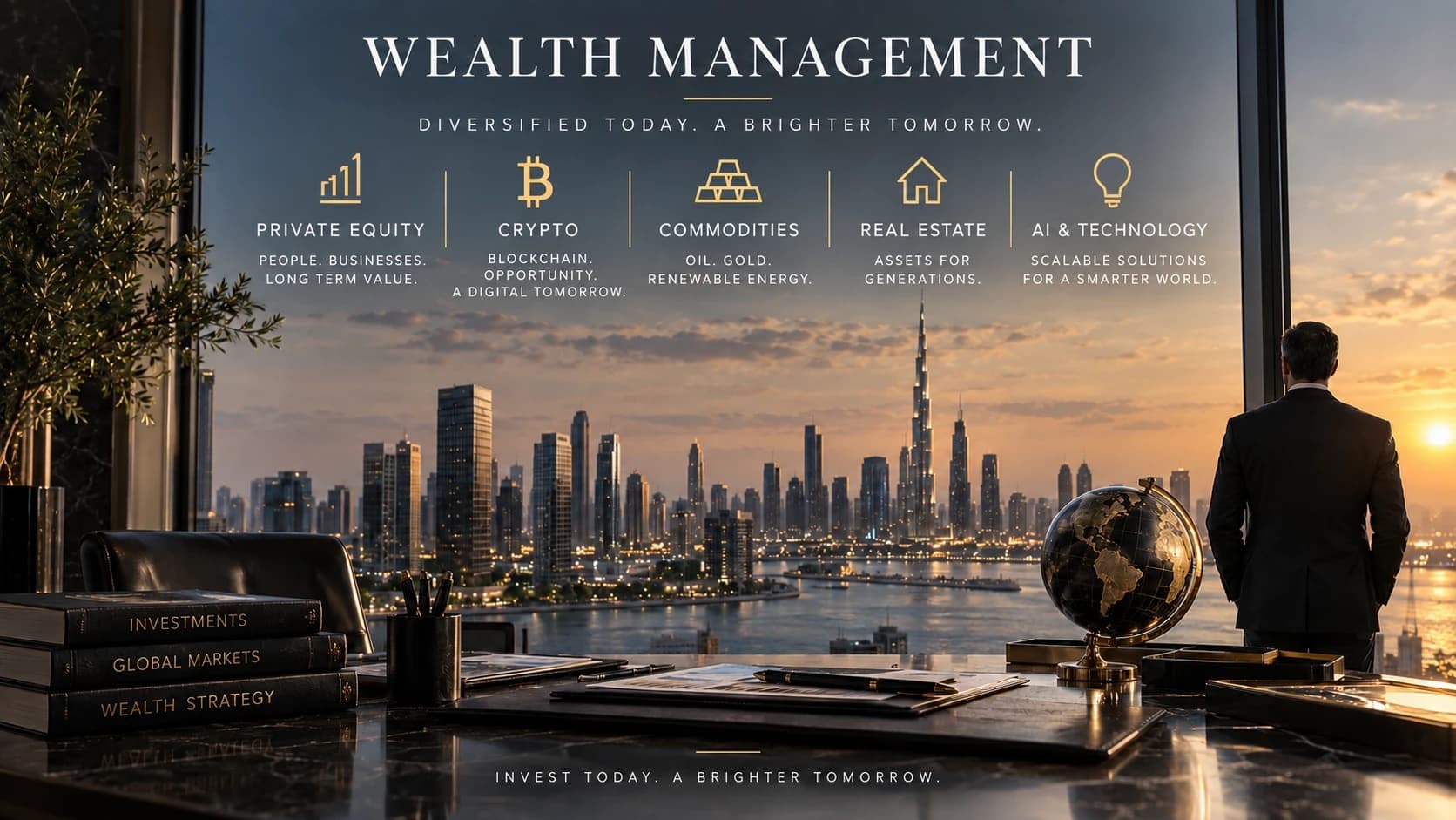 Wealth management across private equity, crypto, commodities, real estate and AI and technology